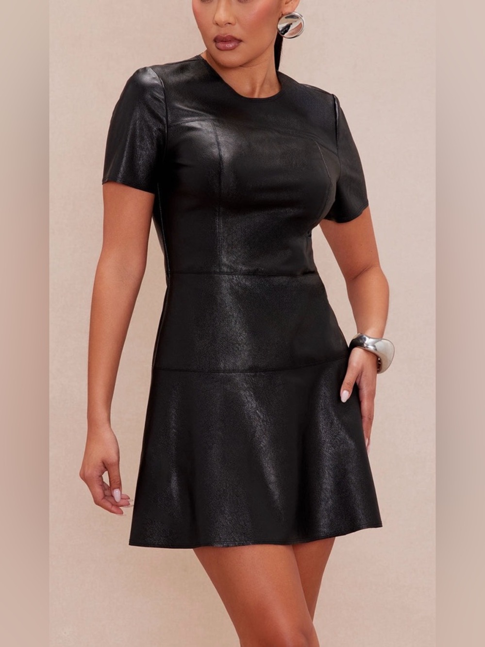 FN Classic Black Short-Sleeve Faux Leather Dress